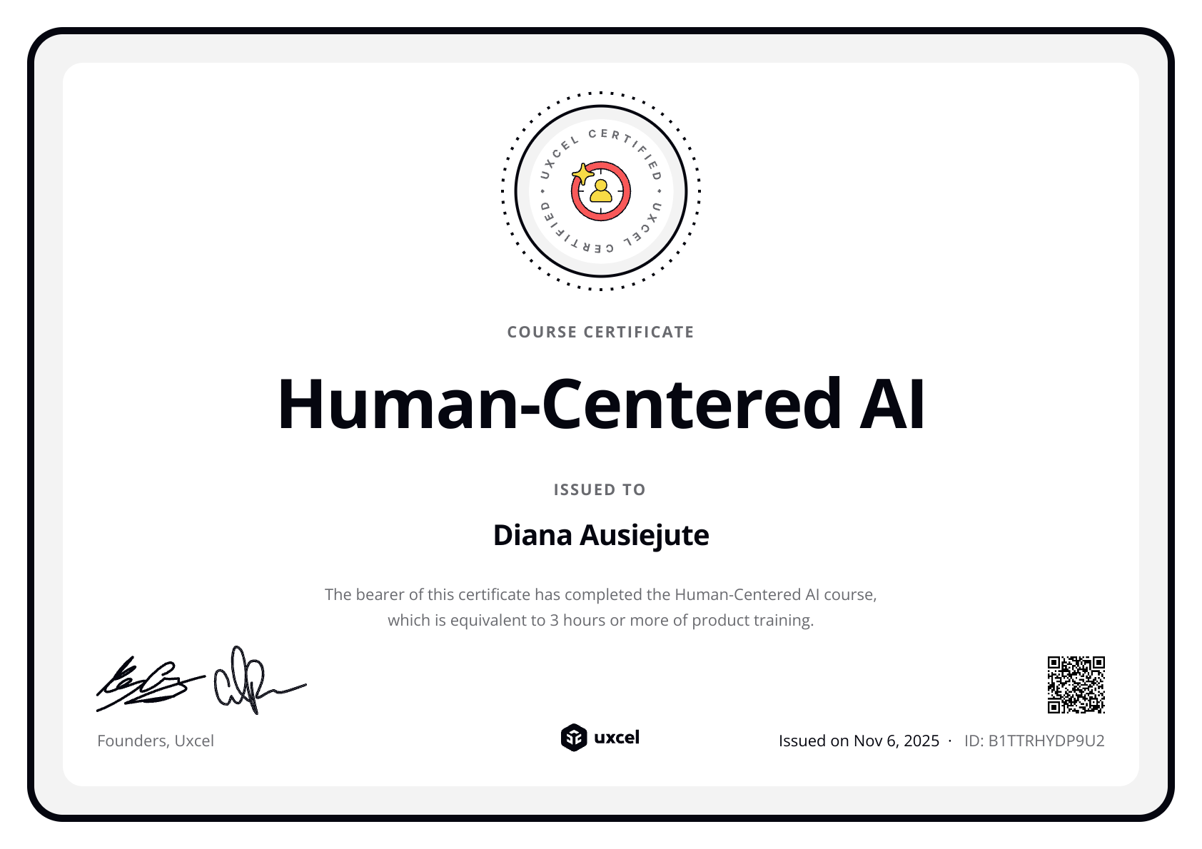 Diana Ausiejute's certificate